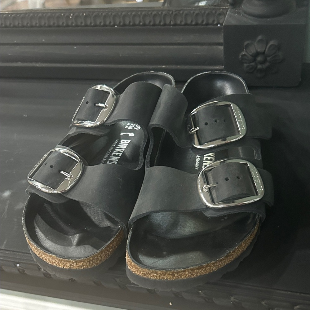 Birkenstock Black womens Sandals with Silver Buckles